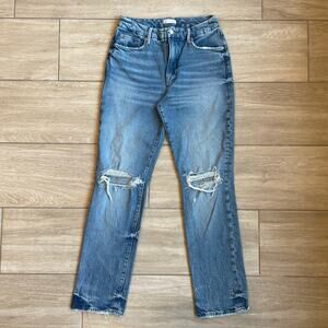 Good American Straight Leg Jeans 6/28 High Rise Distressed Indigo